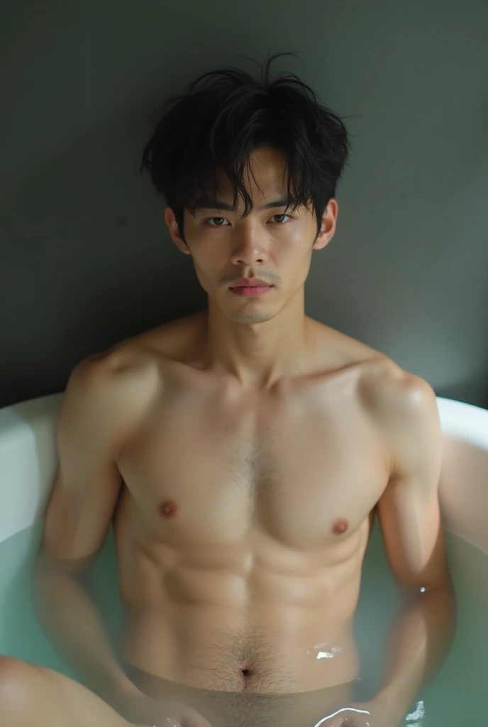 realistic, photographic, 27 years old boy, lean skinny body, twink, handsome, Japanese, short hair, hairy navel, hairy thighs, taking a bath, face forward, 