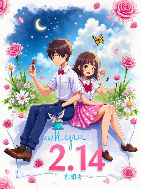Transparent watercolor texture, White space artistic processing. Q version couple sitting on a letter written by a feather pen, Girl's skirt is dyed into a pink and blue starry sky, Boy's bow tie turns into a butterfly and rests on his shoulder. Floating d...