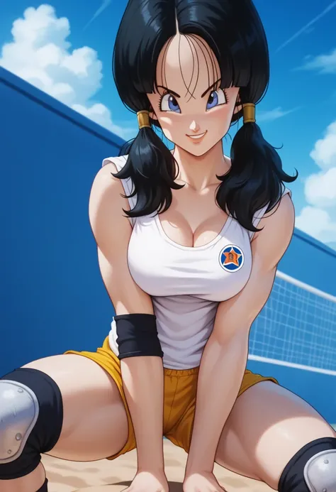 1 girl, alone, Videl dragon ball z is uploading a black volleyball uniform,  tank top, cleavage, tight athletic shorts, knee pads, athletic socks, elbow pads, knee pads pose sensual,  shy smile,  detailed eyes,  big boobs,  perfect body,  black hair, two p...