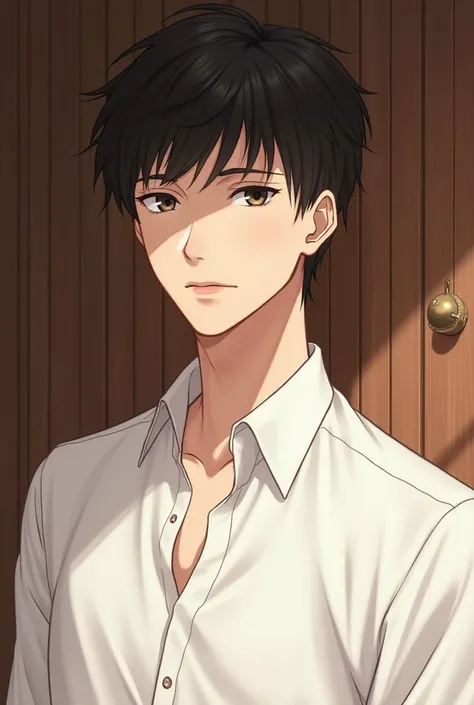 (Man handsome) (cute)(anime) (Character focus) (wooden background) (slender eyes) (sharp face) (white shirt) (spittoon) (Being an adult) 