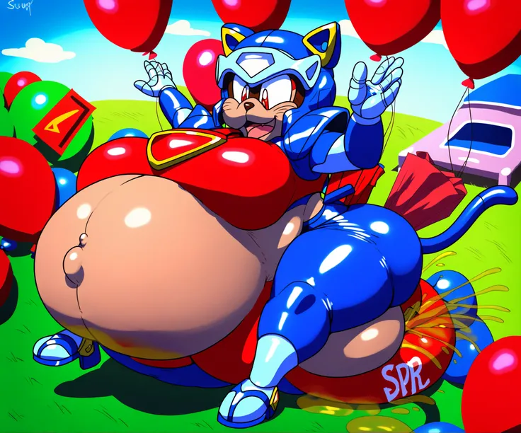 samurai pizza cats, guido anchovy, armor, no helmet, bald, blue armor, male, furry male, cat, solo, 1boy, tail, red eyes, male focus, animal ears, cat ears, cat tail, red balloon, big balloon, large balloon, huge balloon, giant balloon, big red balloon, gi...