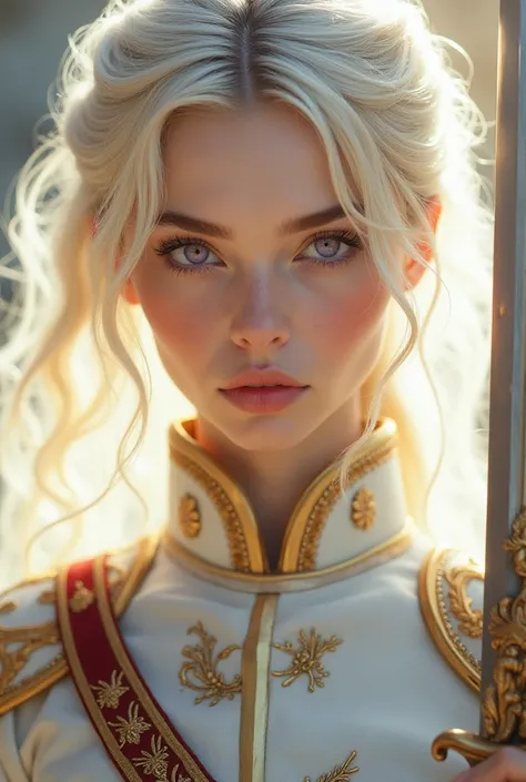 A beautiful young woman feels light yellow every day because the white is long. She has clear white skin and charming purple eyes. She wears a royal guard in the form of pants and a long shirt decorated with the Empire logo carrying a sword and is very bea...