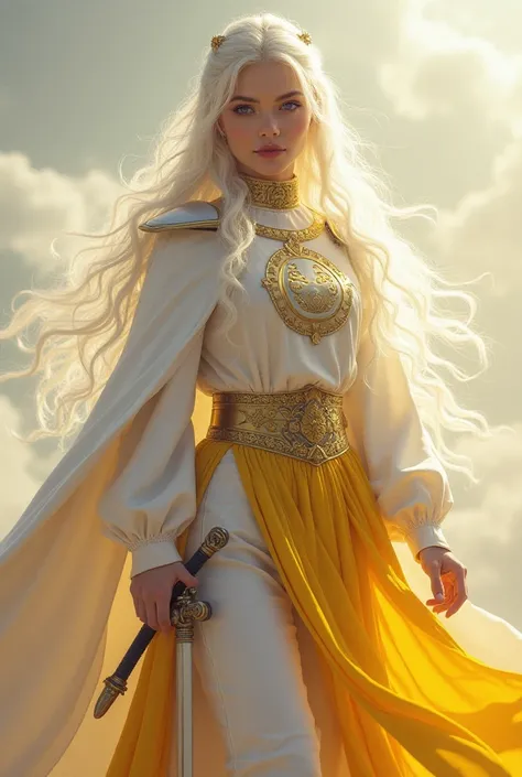 A beautiful young woman feels light yellow every day because the white is long. She has clear white skin and charming purple eyes. She wears a royal guard in the form of pants and a long shirt decorated with the Empire logo carrying a sword and is very bea...