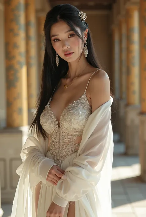 (full body shot:1) photorealistic image of a woman, ultrarealistic, photography, straight long black hair, asian woman, beautiful cute sexy asian 20 years old woman, hourglass figure, perfect body, Flirty look, natural big breasts, long eyelashes, cat eye ...