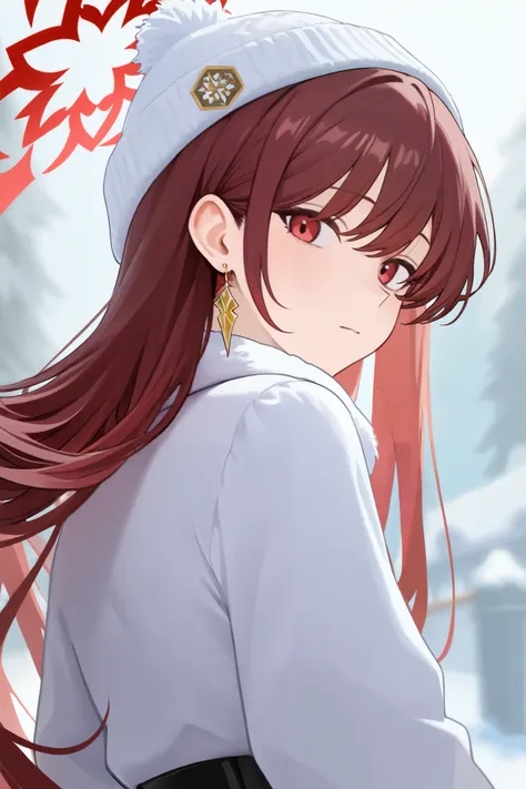 1 girl, Hair length reaches the back, Brown hair and red hair on the edges of the hair, red eyes, but not bright, wear a sexy winter outfit, หน้าอกไซส์ปานกลาง, have a gold earring, have a red halo, wear a winter hat