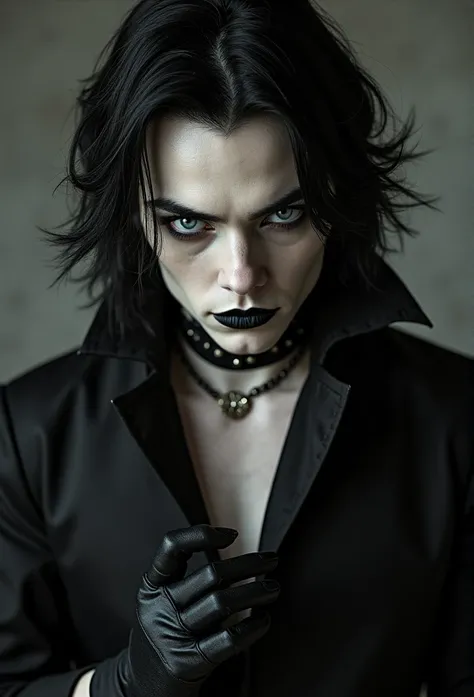 high quality photorealistic image of a man with  black hair and Rot eyes wearing a choke, androgynous vampire, Vampir des Clan Lasombra,  male vampire ,  male vampire  evil devious male, handsome  male vampire , ((Rot)) tired eyes, Rot eyes wearing goth ma...