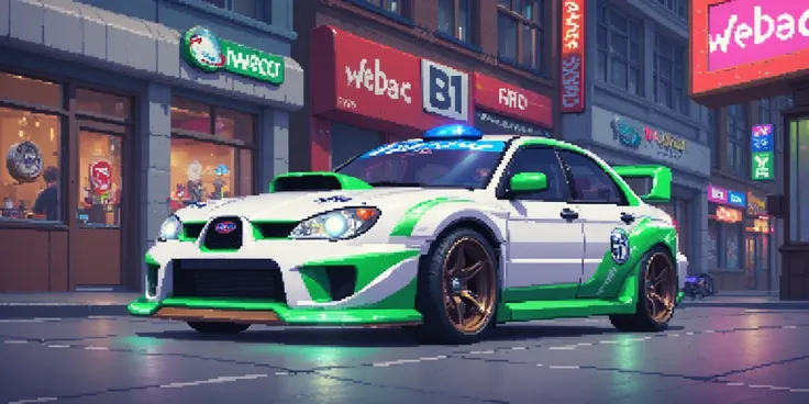 Subaru Impreza concept car 2006 tuning white and green, retro game style artwork, Subaru wrc with pixel details, detailed, city texture in pixel art, isometric perspective, color palette, atmospheric pixel neon effects, detailed character stance, nostalgic...