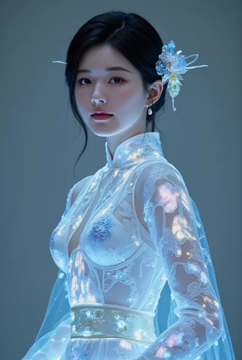 A luminous Chinese beauty from ancient dynasties (221 BCE - 220 CE) stands majestically against a neutral background, her vibrant white-blue twotone attire radiating an otherworldly aura. David Lachapelle's lens captures the frozen moment of her polished b...