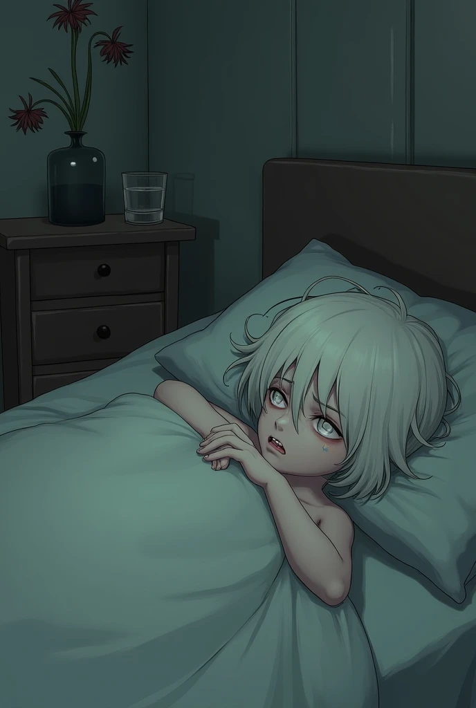 a sick girl with white hair is lying in bed