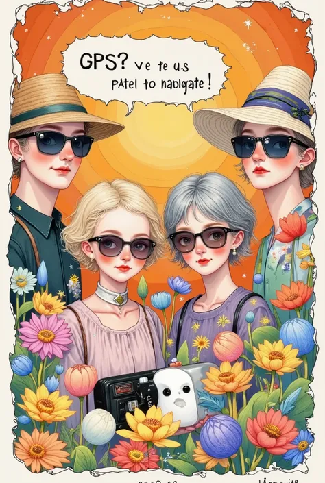 illustration, printed on it for a team of retirees, Four grandparents wearing sunglasses form a ring
A humorous team logo tour with Mahjong 、Yarn ball、fishing rod 、Camera pattern , dragging a shared suitcase in the shape of a small motorhome , bubble dialo...