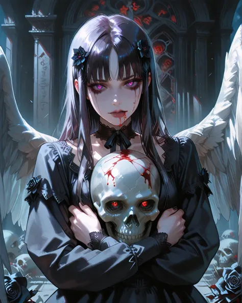 American plane, goth girl,, Skull on her face , black flowers in her hands, blood, hugging a raven, white wings , roses. bottom: cemetery , crows,