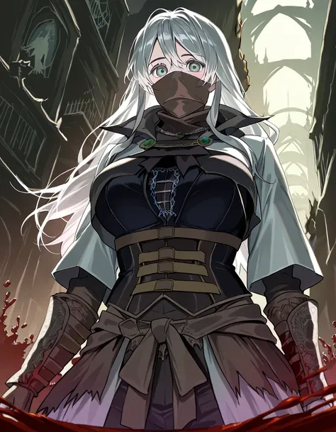  score_9,  score_8_ up,  source_Anime,  top quality, We, NAAmi,1girl,solo, ((((Bloodborne Hunter costumes)))),Silver Hair,Long Hair,Big Breasts,Dark City,