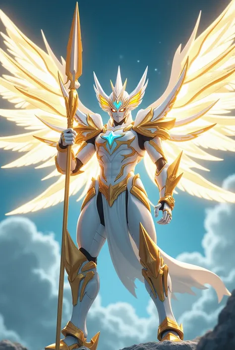 An imposing winged Digimon ,  with six wings of translucent light that exude a divine aura.  His body shines in shades of white and gold ,  with shimmering blue details .  His face is partially covered by an angelic helmet ,  and his hands carry a spear of...