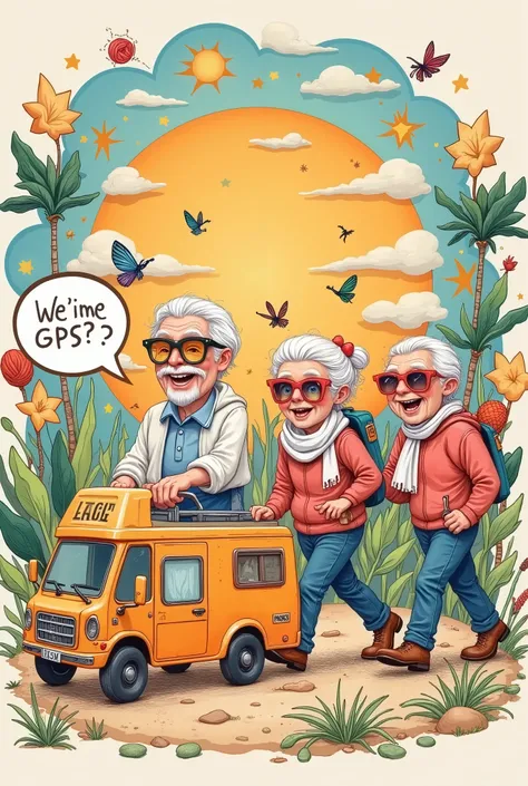 illustration, printed on it for a team of retirees,Group of grandparents wearing sunglasses,(poker)
Grandpa and grandma group with sunglasses printed on Mahjong 、Yarn ball、fishing rod 、Camera pattern , dragging a shared suitcase in the shape of a small mot...