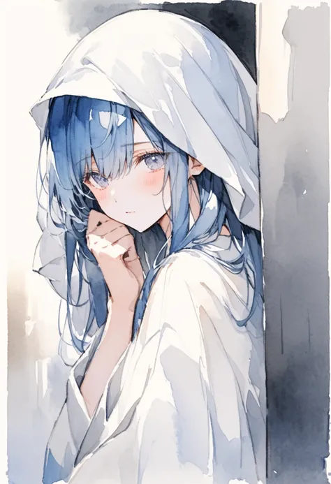 The blue-haired young man 、She is wearing a large white cloth over her head and peeking out her face、 Grey Room、watercolor