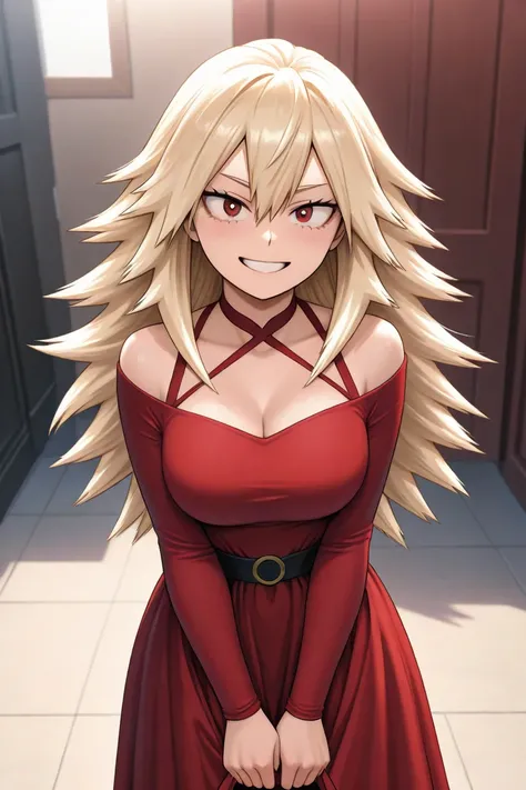  Create an image of a 17-year-old female character inspired by the style of Bakugou Katsuki from My Hero Academia,  but with a more delicate and angelic look .  She has long blond hair of a single length ,  with no layers or spiked ends .  Her eyes are dee...