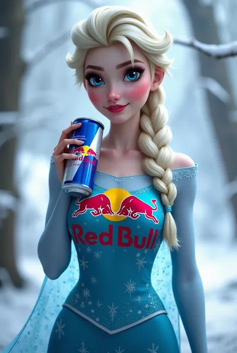 Elsa, frozen, Red Bull logo on dress, Drinking Red Bull, Alone, Smiling