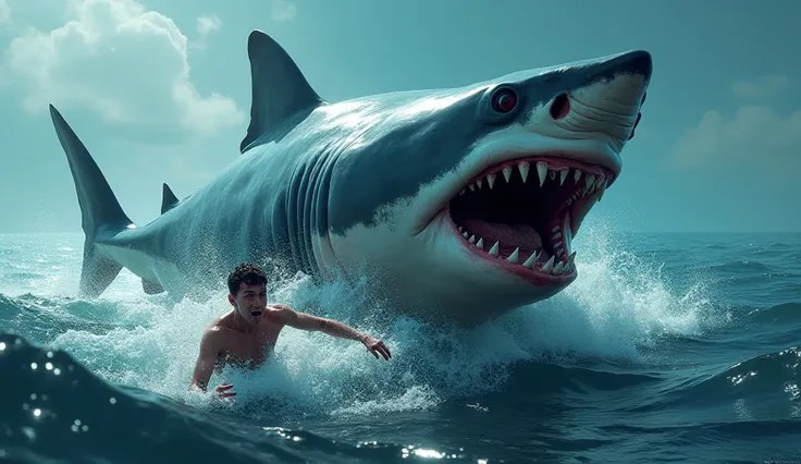 A person swimming in the sea, very scared to the front and to one side, a big and enormous shark furious chasing that super realistic person.