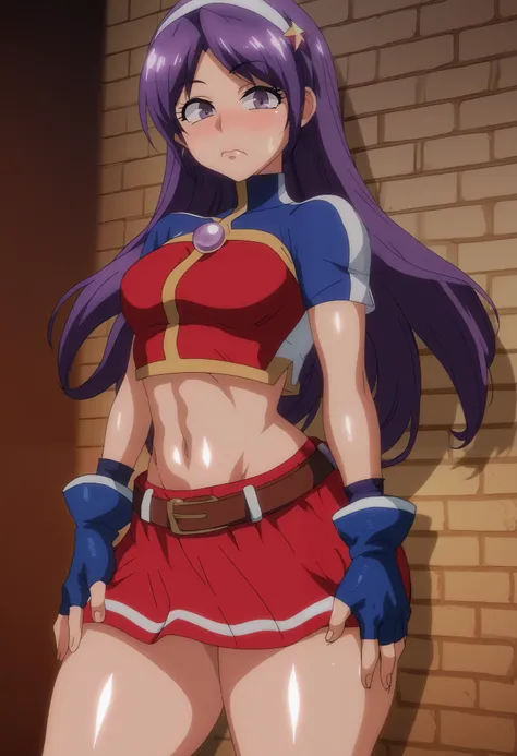 Masterpiece, best quality,petite girl,ATHKOF2002, purple hair, long hair, purple eyes, white hairband, blue sleeves, pearl (gemstone), short sleeves, red top, belt, fingerless gloves, navel, red skirt, biker shorts, :o, slightly surprised,small mouth,nose ...