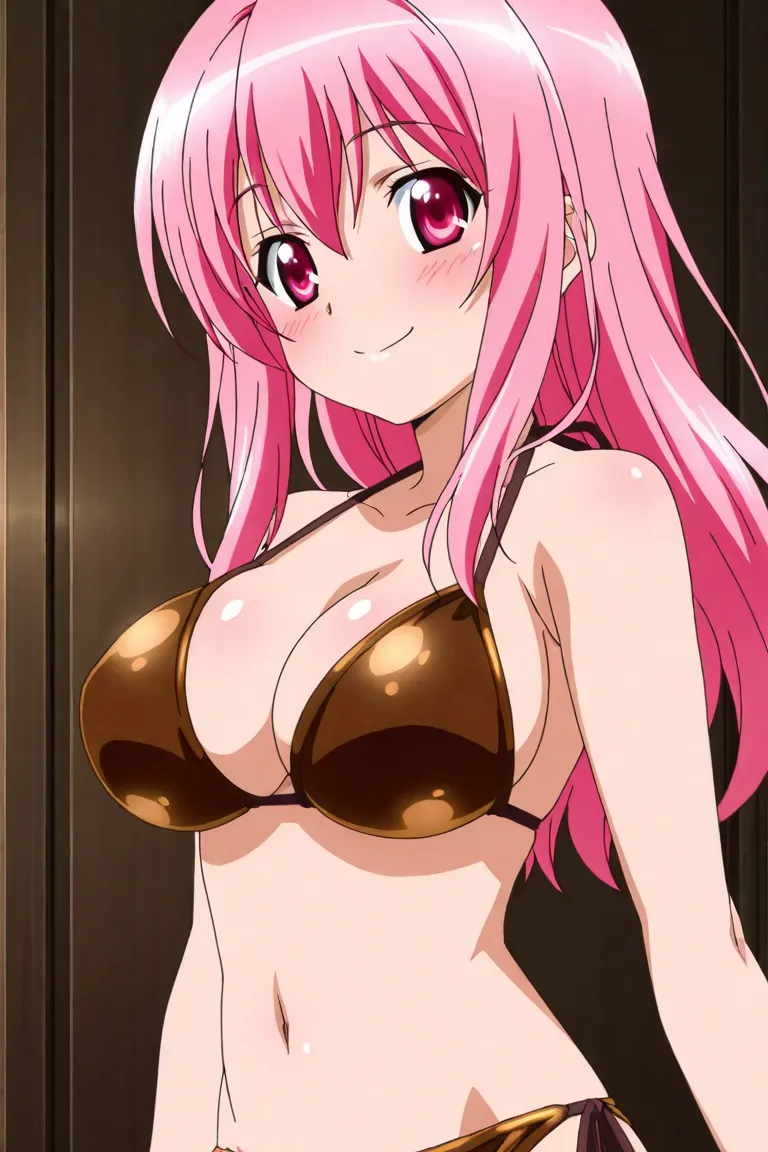 anime screencap, 1girl, solo, chocolate bikini, midriff, navel, bikini bottm, long hair, large breasts, smile, 