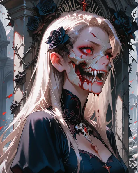 American plane, vampire girl, showing her fangs, Skull on her face , black flowers, blood, roses. bottom: cemetery , crows,