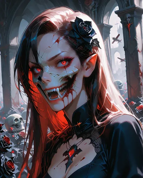 American plane, vampire girl, showing her fangs, Skull on her face , black flowers, blood, roses. bottom: cemetery , crows,