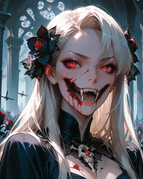 American plane, vampire girl, showing her fangs, Skull on her face , black flowers, blood, roses. bottom: cemetery , crows,