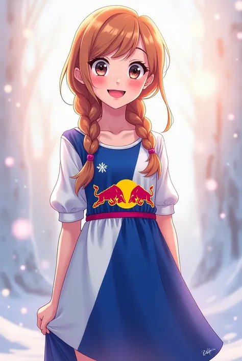 anna, frozen, Red Bull logo on dress, Alone, Smiling, anime