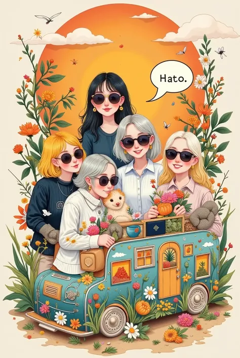 illustration, designed a humorous team logo tour for a team of retirees,Grandpa and grandma group , dark hair , silver hair, with yellow hair,(poker)Those who wear sunglasses,Grandpa and grandma group with sunglasses printed on Mahjong 、fishing rod 、Camera...