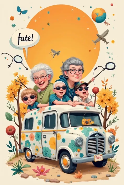 illustration, designed a humorous team logo tour for a team of retirees,Grandpa and grandma group , dark hair , silver hair, with yellow hair,(poker)Those who wear sunglasses,Grandpa and grandma group with sunglasses printed on Mahjong 、fishing rod 、Camera...
