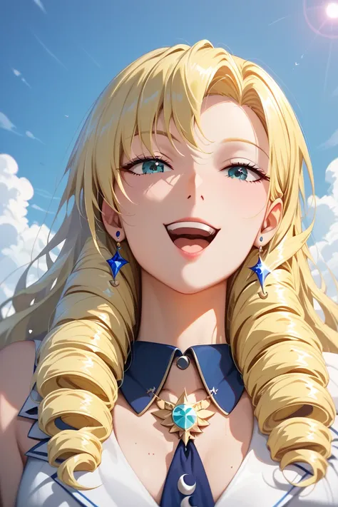 Luna platz, 1girl, Solo, High Resolution, Masterpiece, Accurate, Anatomically Correct, Award Winning, Best Quality, Detail, HD, High Details, High Quality, Quality, Super Detailed, UHD, drill hair, blonde hair, long hair,Smile, Open Mouth, Tachi-e, Wide Sh...