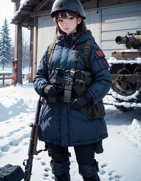 one female soldiers in NAVY BLUE color thick coats、 Wear a helmet 、Standing guard at the front、Winter gloves ，Tactical shoulder strap、Magazine Pouch、 Holding a gun， Winter military base ， write details、 masterpiece、 are of the best quality 、High precision ...