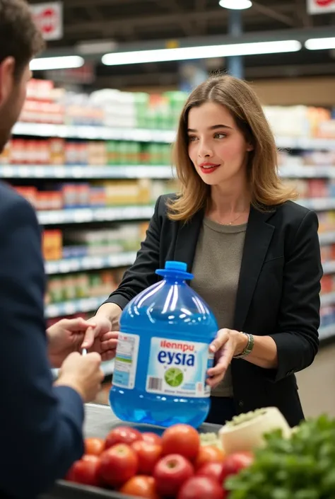 The woman is paying the cashier at the grocery store for a 5-liter bottle of water