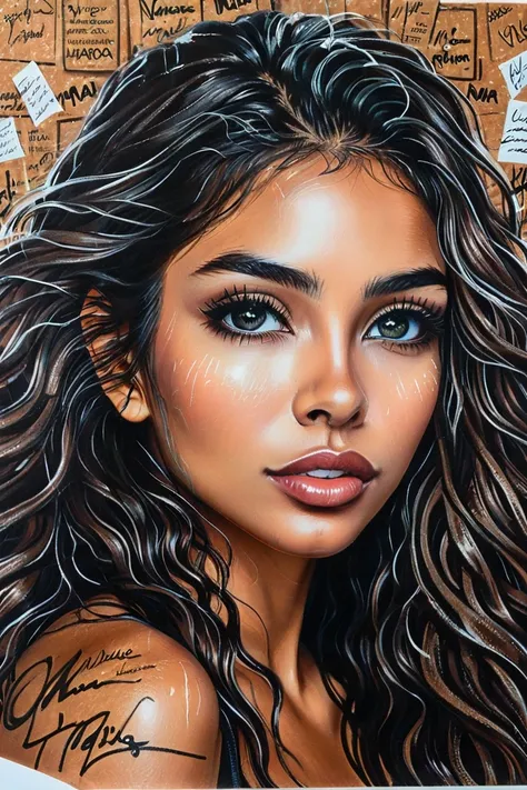 A photograph of a Close up of a beautiful latino Girls eyes. She has a seductive expression and Smooth skin. She has long wet messy hair. She has large bright eyes With long eyelashes and full lips. Black backdrop. A black sharpie autograph across the bott...