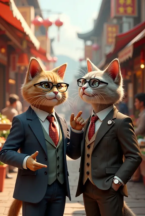 3D image of 2 rich male cats wearing office jackets, 1 wearing glasses, the other wearing a watch, laughing while pointing at the background in the market