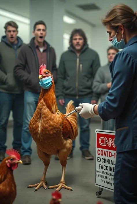 A chicken wearing a blue surgical mask, getting a vaccination shot, social distanced 6 feet away from other chickens. People terrified of the chickens. A sign  with a CNN logo that says "covid-19 vaccine approved for chickens"