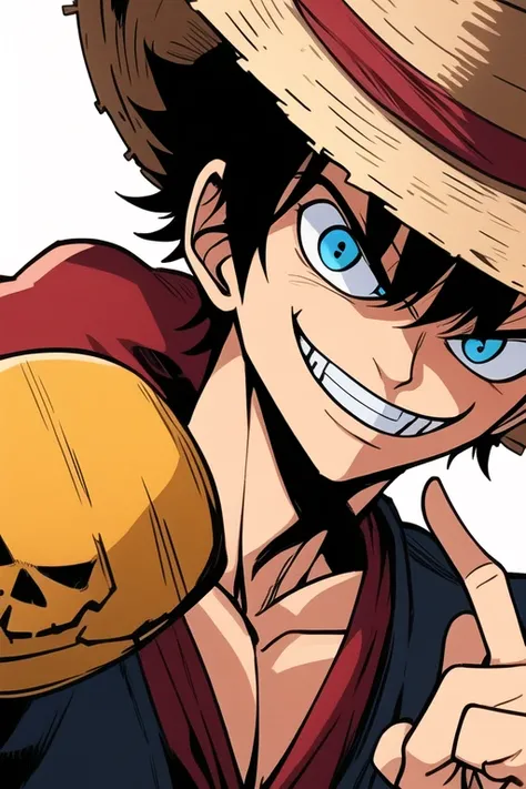 Luffy Gear 5 with a macabre smile and a finger in front of his mouth as if to say shhhhh 