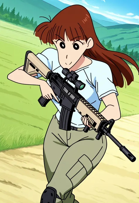  top quality,  masterpiece,   anime screen cap ,   Anime Coloring , 1人の musculoskeletal muscle々Female Hunter , Alone,  Dynamic Poses,  dynamic angle,  viewers,  dynamic angle, Hunter Sakurada Moe ,  long hair,  brown hair, black eyes, bang, blunt bangs, ch...