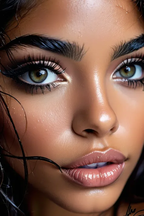 A photograph of a Close up of a beautiful latino Girls eyes. She has a seductive expression and Smooth skin. She has long wet messy hair. She has large bright eyes With long eyelashes and full lips. Black backdrop. A black sharpie autograph across the bott...