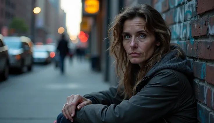 A hyper-realistic photograph of Emily Jenkins, a resilient homeless woman in her late 20s, sitting on a gritty New York City sidewalk at dusk. She wears worn, layered clothing that hints at years of hardship, with a slightly disheveled hairstyle framing he...