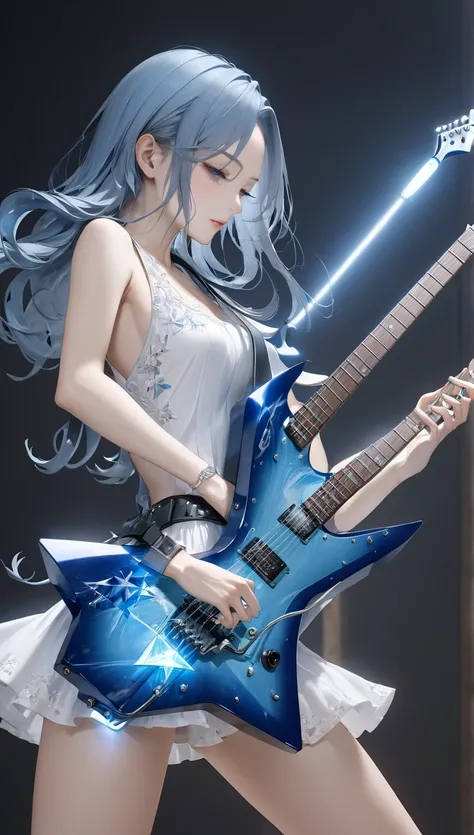  top quality, Super Fine, 16k,  extremely detailed, 2.5D,  Subtle and dynamic , Beautiful woman playing electric guitar , A guitar with a cool star-shaped light blue body、Perfect arms and hands、perfect guitar arm