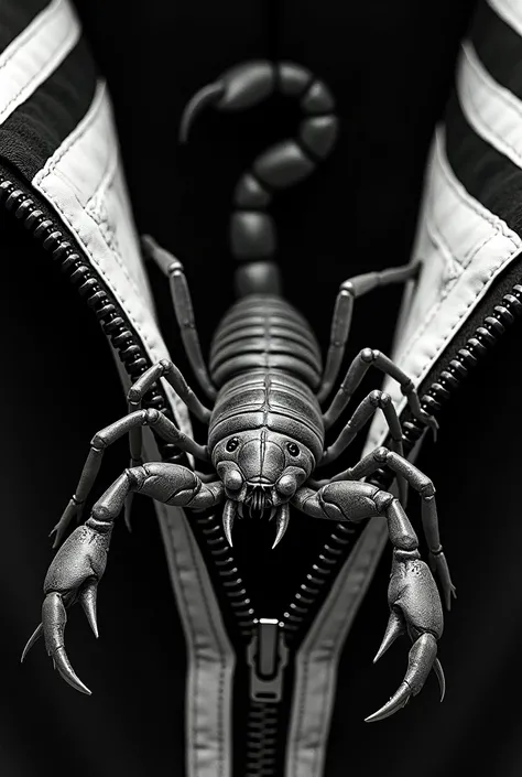 Scorpion coming out of the black and white zipper with raked tatto