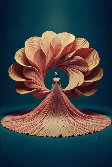 surrealist, photo manipulation, a long and wide yellowish pink cloth made from small flower beads, the cloth is wrapped around and covers the body of a flamenco woman like a beautiful luxurious dress, wearing a wide hat, she poses in a strange unique dynam...