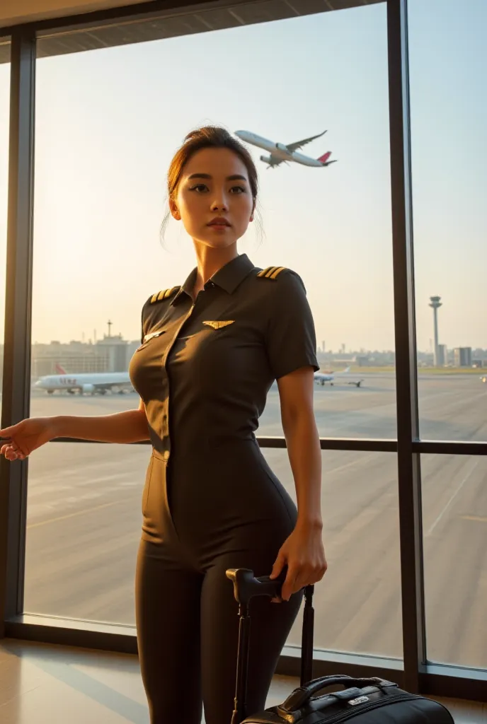 A determined young malaysian woman stands in the middle of a modern airport terminal, dressed in a crisp pilot’s uniform with golden stripes on her shoulders. She grips the handle of her black rolling suitcase, symbolizing her long journey and achievements...