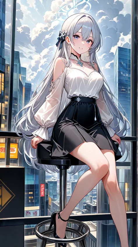 A woman of about 25 years old in a white satin blouse with a silver tie, a black skirt sits on a high bar stool in the middle of a city square, during the day in cloudy weather