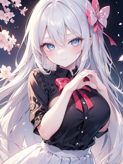 1girl, Long Hair, Breasts, Smile, hair bow, silver Hair, Blush, Hair Between Eyes, Black shirt, white mini skirt, cherry blossom garden ,(masutepiece:1.2), Best Quality, High resolution, Unity 8k wallpaper, red eyes (Illustration:0.8), (Beautiful detailed ...