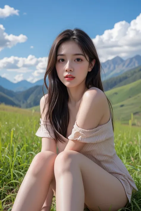 ((  health park, 8k,  excellent work :1.3)),  beautiful girl, pure, Watermelon face,  Gentle and cute , thin figure, (forehead), (Head tilt), , looking straight into the camera , [ Single arm::0], [Collared shirt::0], [Capri pants ::0], Long, straight, shi...