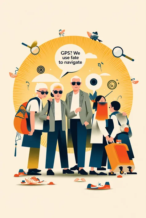 Logo Design,illustration, designed a humorous team logo tour for a team of retirees,Grandpa and grandma group , dark hair , silver hair, with yellow hair,(poker)Those who wear sunglasses,Grandpa and grandma group with sunglasses printed on Mahjong 、fishing...