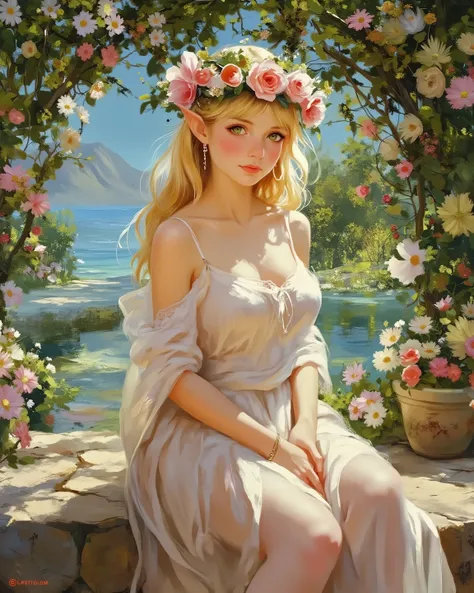 Fantasy Elves, pointy ear, breast, glowing eyes, floral, in style scenery, V.V. style, oil painting,    .