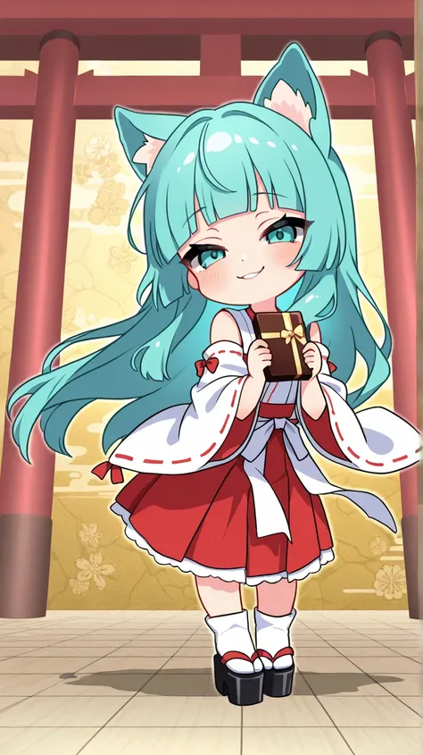 upper body, a Chibi Character, 
Solo, a girl, hatukikotoha, animal ears, aqua hair, long hair, floating hair, blunt bangs, aqua eyes, naughty face, 
BREAK, 
nontraditional miko, Black platform geta, 
bowing, 
holding a Valentine's Chocolate, Golden Japanes...